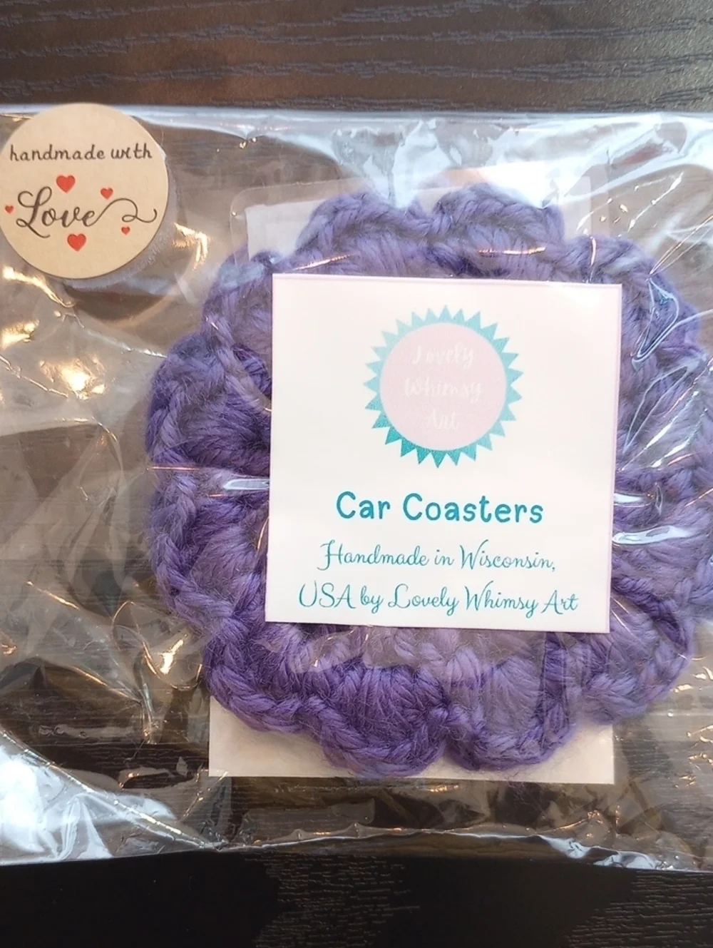 Handmade Crochet Purple Flower Scallop Home Car Coasters Set of 2